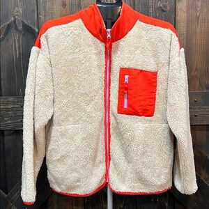 J. Crew SuperPlush Sherpa Jacket M Sand Orange Full Zip Color block Soft Preppy